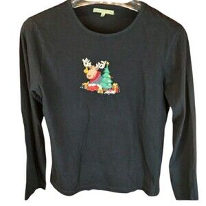 Carolyn Taylor Black Reindeer Holiday Top Long Sleeve Fun Christmas Large